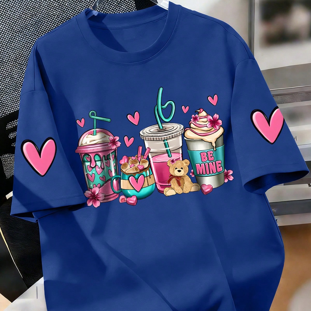 Camiseta de cuello redondo con estampado de postre dulce y corazón, top casual suave y cómodo para adolescentes, verano