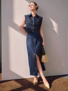 Sollinarry Women's Summer New Hollow Out Sleeveless Collared Shirt With Mid-Length Skirt 2 Pieces Set, Suitable For Work, Outing, And Vacation Elegant - Navy Blue - View 5