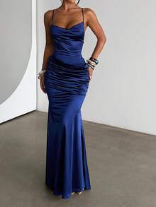 WOWDARK 夏季连衣裙，蓝色优雅女士连衣裙，带缎面口袋和细肩带，适合狂欢节、约会、聚会、派对、旅行、度假、海滩和其他场合。 - 藏蓝色 - 查看 5