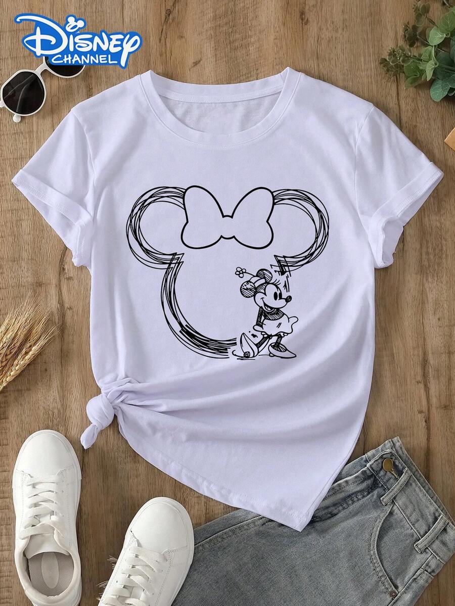 Disney Lady's T-Shirt, Featuring A Mickey Mouse Line Cartoon Pattern Print. Spring/Summer Style Women's Round-Neck T-Shirt. The Fabric Is Soft, Comfortable And Breathable, Suitable For Daily Wear, Shopping, Traveling, Parties, And When At Home. It Is Also Suitable As A Beautiful Gift. Every Lady Deserves To Own One. - White - View 1