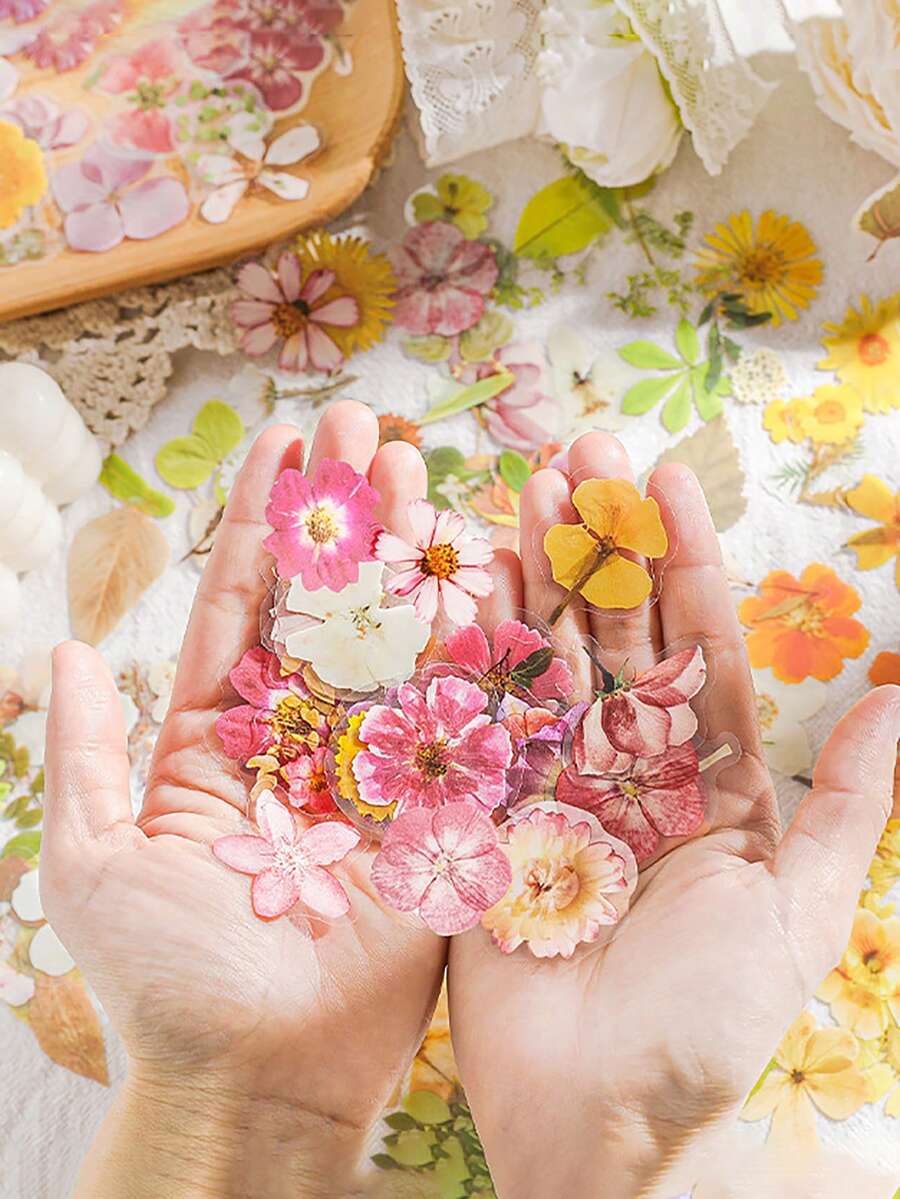 45pcs/Box Beautiful Flower & Leaf Stickers, Romantic Floral Series PET Box Stickers, INS Floral Scrapbooking DIY Decorative Stickers, Waterproof PET Self-Adhesive Stickers Scrapbook Supplies Stationery Funny Stickers Kindle - A - View 1