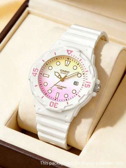 Casio Women's Cute White Resin Sports Watch, Sweet Soft Rainbow Gradient Dial With Date Display, Fashionable Summer Girl's Watch LRW-200H-4E2