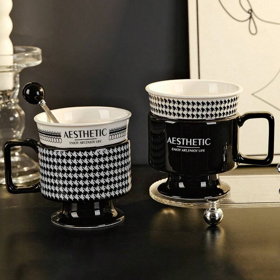 Retro Houndstooth Pattern Ceramic Mug With Stem, Contrasting Color High-End Coffee/Milk Cup, Niche Atmosphere Drinkware, Exquisite Gift