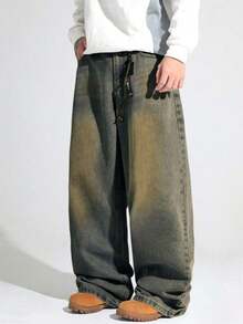 1 pieza Jeans de pierna recta con ajuste holgado y estilo unisex para parejas - Bronce - Ver 3