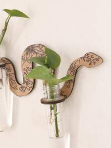 1 pieza Estantería decorativa de pared de madera natural con diseño de flores, decoración de pared botánica minimalista con tubo transparente, forma ondulada de estilo granja moderna con detalles florales grabados, exhibición de plantas de pared montada que ahorra espacio para propagación de esquejes y pequeñas plantas verdes, accento decorativo funcional de pared para sala de estar, dormitorio, baño, entrada, cocina, oficina, apartamento, decoración del hogar - serpiente - Ver 11