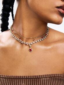 1 件时尚波西米亚风格红色心形仿珍珠双层项链，优雅高端感觉链条适合女性日常佩戴（手工链条按长度剪裁，未指定小吊坠数量） - 紅色 - 查看 1