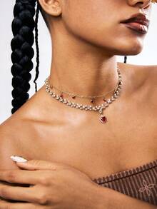 1 件时尚波西米亚风格红色心形仿珍珠双层项链，优雅高端感觉链条适合女性日常佩戴（手工链条按长度剪裁，未指定小吊坠数量） - 紅色 - 查看 3