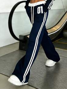 Navy Color Block Waist Wide Leg Pants With Side Stripe & Numeric Print Design, Flattering Silhouette, Casual American Vintage Style! - Xanh đậm - Xem 10