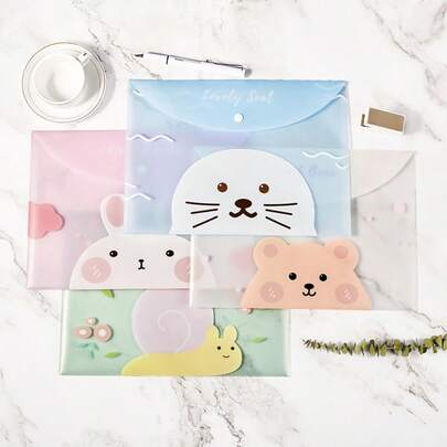 4件套卡通动物图案A4尺寸文件袋，可爱卡通大容量文件袋，适用于学生试卷/办公文件/学校文件，返校季，学习用品