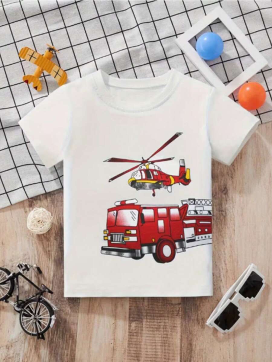 Boys' And Girls' Fire Truck Print T-Shirt, 100% Cotton - White - View 1