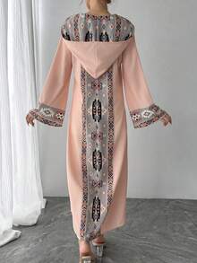1 chiếc đầm dài tay in họa tiết dành cho nữ, kiểu dáng suông tay xòe có mũ, phong cách Ả Rập thanh lịch, phù hợp cho tiệc tùng, dạ hội, kỳ nghỉ, Ngày của Mẹ và các lễ hội khác. Màu hồng. - Hồng - Xem 2