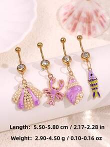 1件可爱、时尚、个性化、趣味、百搭的紫色海洋系列贝壳、龙虾、海螺吊坠肚脐环，沙滩度假风女性身体饰品 - 彩色 - 查看 11