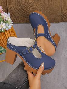 Giày sandal cao gót đế xuồng khoét lỗ, quai chữ T, kiểu dáng retro gợi cảm dành cho nữ, thích hợp mang hàng ngày vào mùa hè hoặc dự tiệc, màu xanh navy, mũi kín. Kích cỡ nhỏ hơn một size, nên đặt mua lớn hơn một size. - PU màu xanh hải quân - Xem 4