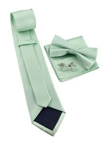 ZONFAZ 4pcs Men's Business Minimalist Solid Ribbed 8cm Necktie, Bow Tie, Pocket Square & Cufflinks Combo Set, Suitable For Weddings, Parties And Daily Commute - Mint Green - View 4