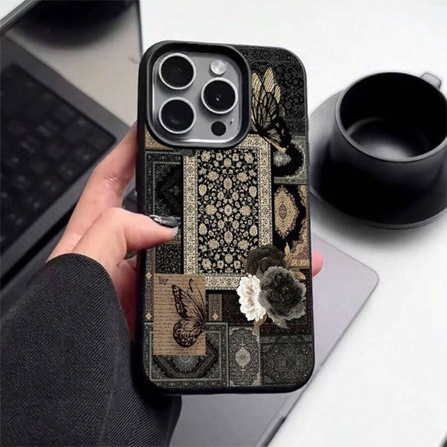 Ốp lưng điện thoại TPU hình bướm thời trang, chất liệu TPU, kiểu dáng retro tối màu, họa tiết bướm ghép mảnh, tương thích với iPhone 17 Pro Max/17/16 Pro Max/15/13/12/11, S20 FE/A15/S24/A55, Note 11/12/13 Pro, ốp bảo vệ toàn thân chống sốc mềm mại, quà tặng mùa xuân. - màu đen - Xem 1