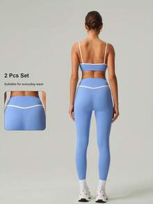 2件套女士时尚白色条纹瑜伽运动文胸和紧身裤套装，春夏款 - 藍色 - 查看 3