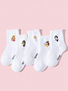 Disney 5 Paar Mädchen Weiße Spitzenrand Socken, süßes Cartoon Prinzessin Muster Dekor, lässige atmungsaktive Sportsocken, weich & bequem für Schule, neue Schulzeit, Geburtstag, Lässig - Verschiedenfarbig - Übersicht 8