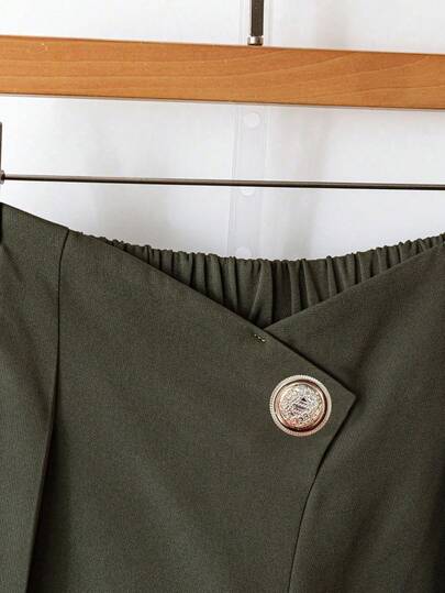 Solid Color Button Fabric Pleated Decor Zipper Office Vintage Military Green Pants, Metal Camellia Button, Cross Waist Design Vintage Elegant Color Woven Crease Wide Leg Women Pants, Autumn/Winter