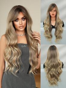 7JHH WIGS Ombre Blonde Extra Long Wave Wigs For Women 28 Inch Extra Long Wavy Wig With Side Curtain Bangs, Heat Resistant Fiber Hair Synthetic Curly Wig For Daily & Music Festival Party Wear, Halloween Cosplay Costume Use Fashion Wig Accessories - 漸變金色 - 查看 2