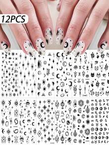 12pcs/Set 3D Black Starlight Moon Nail Art Sticker Bohemia Style Sun Snake 12Constellation Nail Decals Adhesive Nail Supplies 8*10cm - Multicolor - View 5