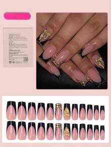 24片法式长方形美甲贴纸，黑色底，饰有金色水钻蝴蝶结，优雅全覆盖，适合女性和女孩，可用于约会、办公室、居家、派对等场合的美甲装饰。 - 黑色 - 查看 2