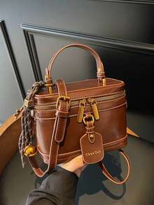 Bolsa pequena quadrada casual e versátil, em tecido xadrez bordado, ideal para guardar celular, batom, moedas, compras, carteira, para mulheres jovens, universitárias, recém-casadas e profissionais. Perfeita para escritório, universidade, trabalho, negócios, deslocamentos diários, atividades ao ar livre, viagens e excursões. - Castanho - Ver 3