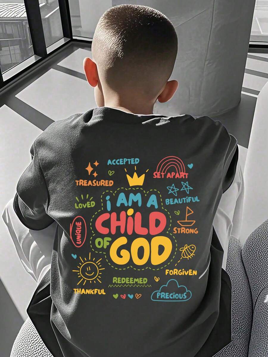 男童休闲趣味印花圆领短袖T恤，夏季上衣 - 深灰色 - 查看 1