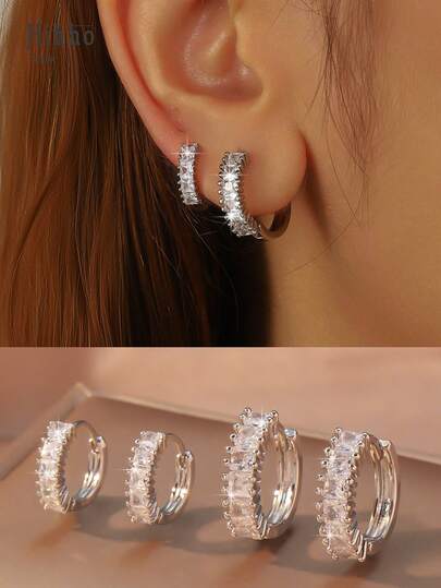 Hihho 4pcs/Set Fashionable Square Cubic Zirconia Hoop Earrings, Suitable For Women's Wedding Anniversary, Engagement Party, Jewelry, Suitable For Daily Commute, Dating, Sweet Outfit, Gathering With Friends