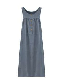 Solid Color Casual Button Decor Wedding Guest Dress, Loose Fit Sleeveless Midi Dress For Plus Size Women - Blue - View 5