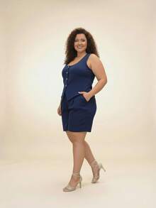 Women's Plus Size Set: Tank Top Vest And Shorts - Màu xanh hải quân - Xem 8