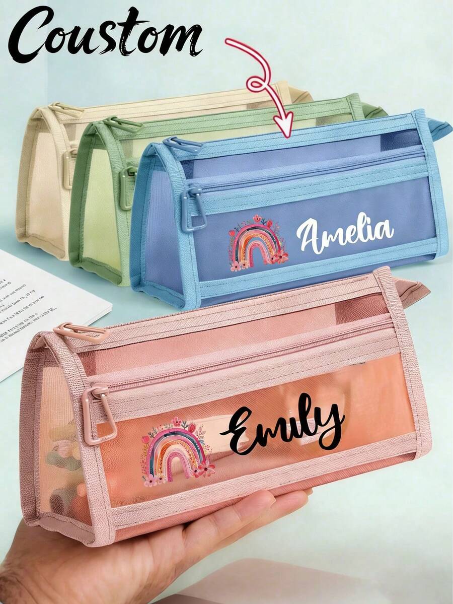 Customizable Name Transparent Large Capacity Pencil Case, Fashion Minimalist Pen Bag High Capacity Nylon Mesh Breathable Exam Student Stationery Bag, Mesh Pencil Pouch, Minimalist Student Supplies Storage Box, Back To School Learning Supplies - Multicolor - View 1