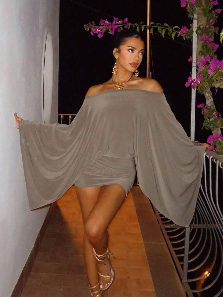 Women's Solid Color Elegant Off Shoulder Casual Formal Evening Party Wedding Holiday Mini Dress, Spring/Summer - Grey - View 1