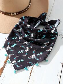 1pc Women's Fashion Western Leopard Print Bull Head Pattern Denim Style Headscarf, Multifunctional Headband/Scarf, Polyester Material, Suitable For Daily Stylish Matching - Multicolor - View 7