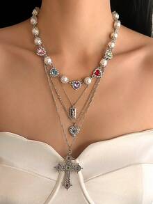 4pcs/Set Fashionable Elegant Sparkling Rhinestone Imitation Gemstone Heart-Shaped Faux Pearl Beaded Geometric Thin Chain Cross Heart Pendant Charming Metal Layered Necklace, Luxurious Suitable For Wedding, Party, Holiday, Daily Casual, Street Snap, Women & Couples Gift - Necklace - View 4