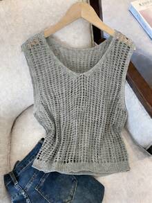 2026春夏新款女士镂空无袖针织上衣，适合情人节、度假穿着 - 灰色 - 查看 7