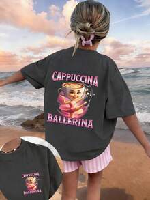 Camiseta de cuello redondo de manga corta con estampado gráfico informal para niñas preadolescentes, top de verano - Gris Oscuro - Ver 3