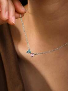 Custom Bow Birthstone Necklace Two Birthstone Pendant Necklace Meaningful Gifts For Mom Birthstone Jewelry Christmas Gift Wedding Necklace - Multicolor - View 12