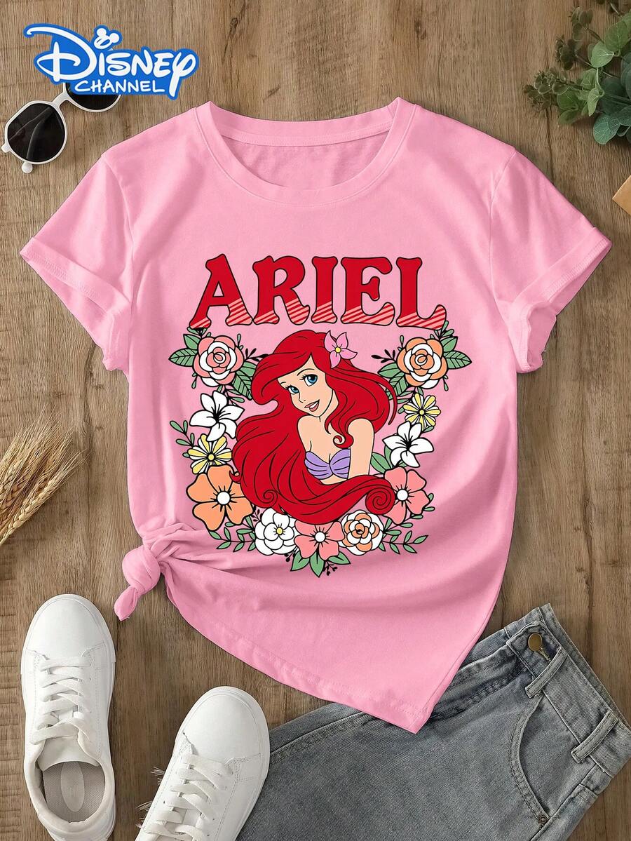 Disney Lady's T-Shirt, Featuring A Creative Cartoon Pattern Of Disney's Ariel Princess. Spring/Summer Style Women's Round-Neck T-Shirt. The Fabric Is Soft, Comfortable And Breathable, Suitable For Daily Wear, Shopping, Traveling, Parties, And When At Home. It Is Also Suitable As A Beautiful Gift. Every Lady Deserves To Own One. - 粉色 - 查看 1