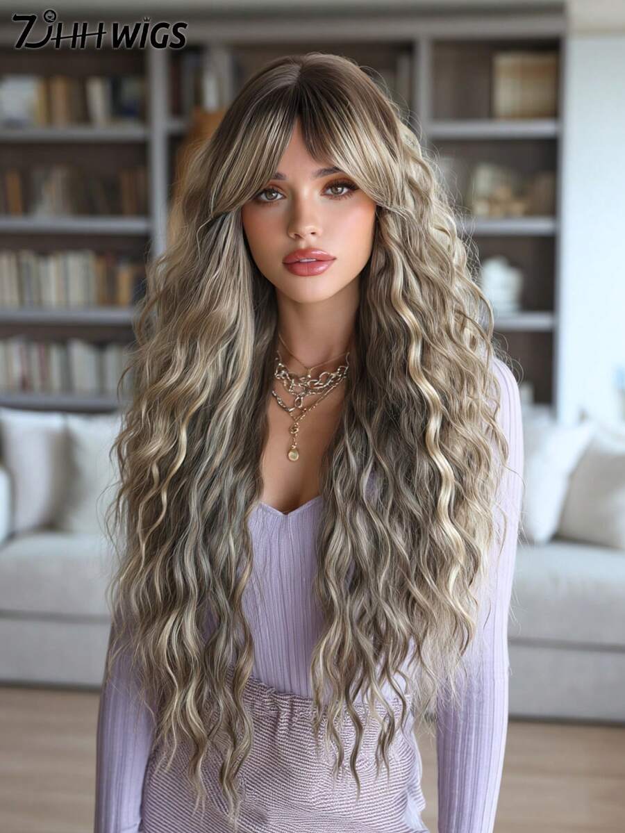7JHH WIGS Gray Brown Extra Long Wave Wigs For Women 28 Inch Extra Long Wavy Wig With Curtain Bangs, Heat Resistant Fiber Hair Synthetic Curly Wig For Daily & Music Festival Party Wear, Halloween Cosplay Costume Use Fashion Wig Accessories - 淺灰色 - 查看 1