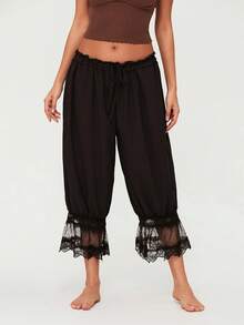 Womens Cropped Pants Loose Mid Rise Patchwork Lace Lantern Trousers Casual Streetwear - Black - View 5