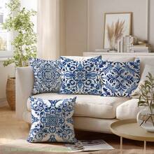 4pcs Watercolor Blue And White Porcelain Tile Art Print Cushion Cover (No Pillow Insert), Made Of Polyester Fabric, Single-Sided Printing, 17.7*17.7in(45*45cm)/19.69*19.69in(50*50cm)/15.75*15.75in(40*40cm), Baroque Style Decorative Pillow Case For Sofa, Bed, Bedroom, Office, Hotel, All Season, Gift - Multicolor - View 7
