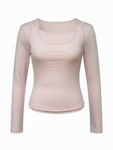 1pc Women's 2 In 1 Long Sleeve T-Shirt, Fitted Undershirt Design - Baby Pink - View 9