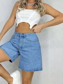 Women's Casual Loose Bermuda Denim Shorts, Summer - 中度洗滌 2 - 查看 13