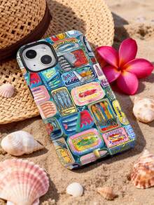 1pc Retro Canned Fish Patchwork Art Pattern Glossy 2-In-1 Filmic Hard Phone Case, Compatible With Samsung/ 11/12/13/14/15/16/17 Pro Max, International Version,  Not The Domestic Version - Multicolor - View 4