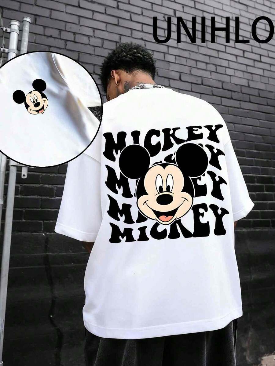 Disney UNIHLO  Street Life Men's Casual Loose Mickey   Cartoon  Print Short Sleeve T-ShirtSummer - trắng - Xem 1