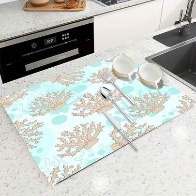 1pc Super Absorbent Quick Dry Non-Slip Kitchen Mat - Coral Pattern Dish Drying Mat With Non-Slip Base, Suitable For Coffee Bar, Dining Table - Easy Clean Surface And Fast Drying Design, Fits Modern Or Traditional Kitchen, Coffee Bar Accessories, Stylish Home Decor
