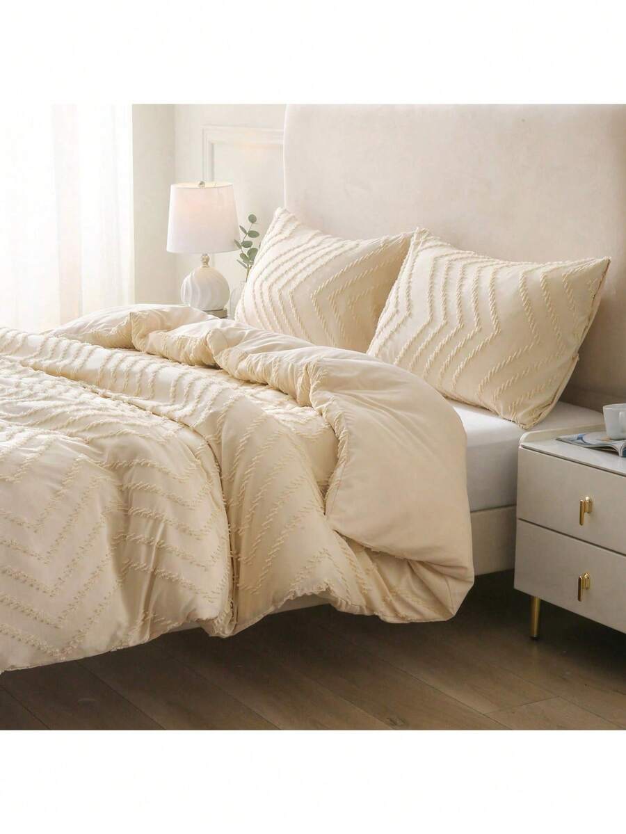 簡約流蘇剪花寢具三件組（含1被套+2枕套）-簡約大氣經典-輕奢四季通用-臥室床品-高檔法式奶油風-多色多尺寸 -適用於酒店、公寓、宿舍、民宿等多場景，情人節新年禮物 - 3#卡其波浪 - 查看 1