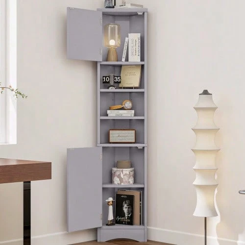 36.5 X 24.5 X 170cm Triangular Bathroom Cabinet, Fully Lacquered, Moisture-Resistant Lacquer, Three Open Shelves, Double Doors, Adjustable Shelves, Space-Saving, Grey - Grey - View 1