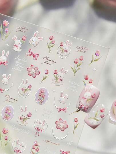 1pc Tulip Flower Bow Photo Frame Cute Rabbit Nail 3D Decorative Stickers DIY Paste Spring Nail Art Stickers