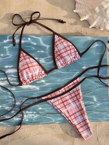 Bikini de mujer, bikini de triángulo a cuadros casual/traje de baño para festival de música, fiesta en la piscina y playa de verano - Multicolor - Ver 4